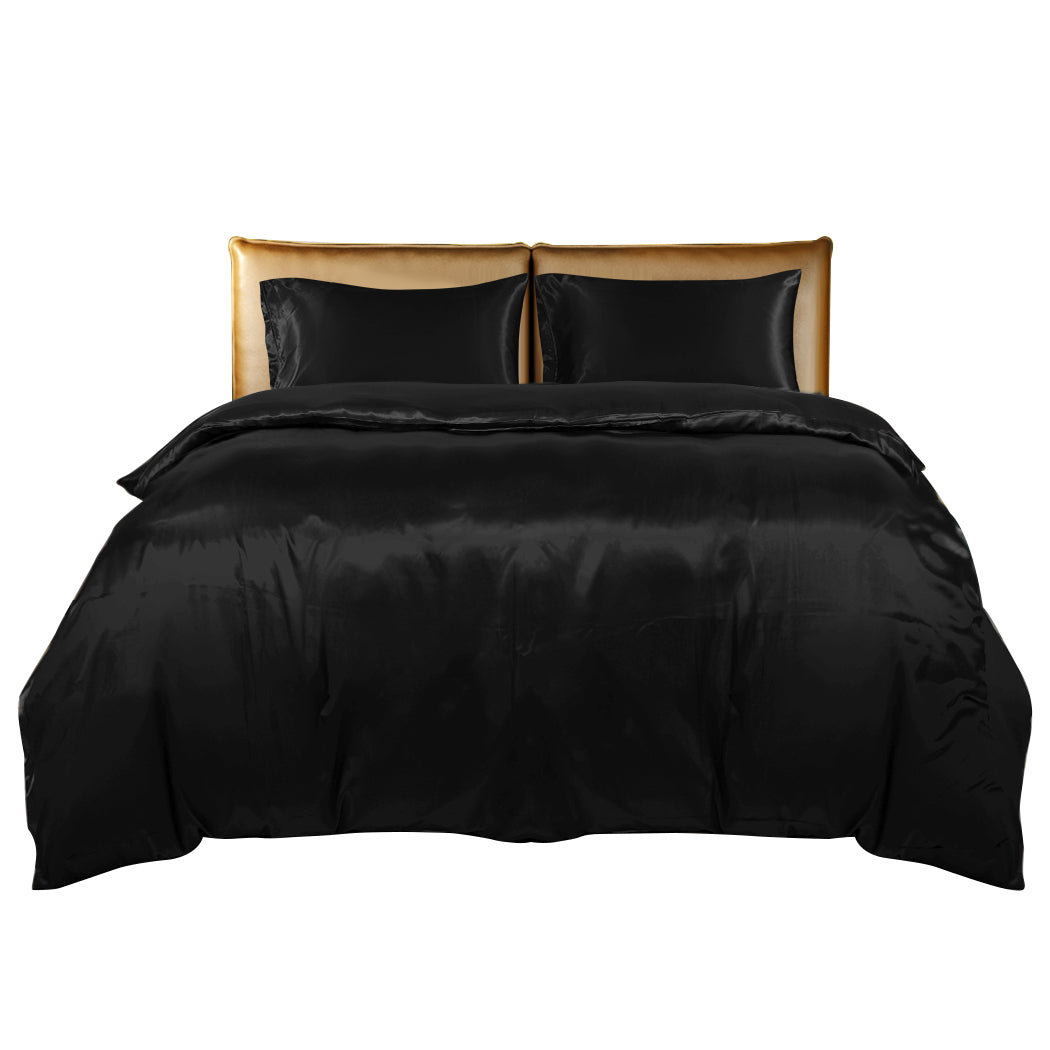 QUEEN 3-Piece Quilt Cover Set Bedspread Pillowcases - Black