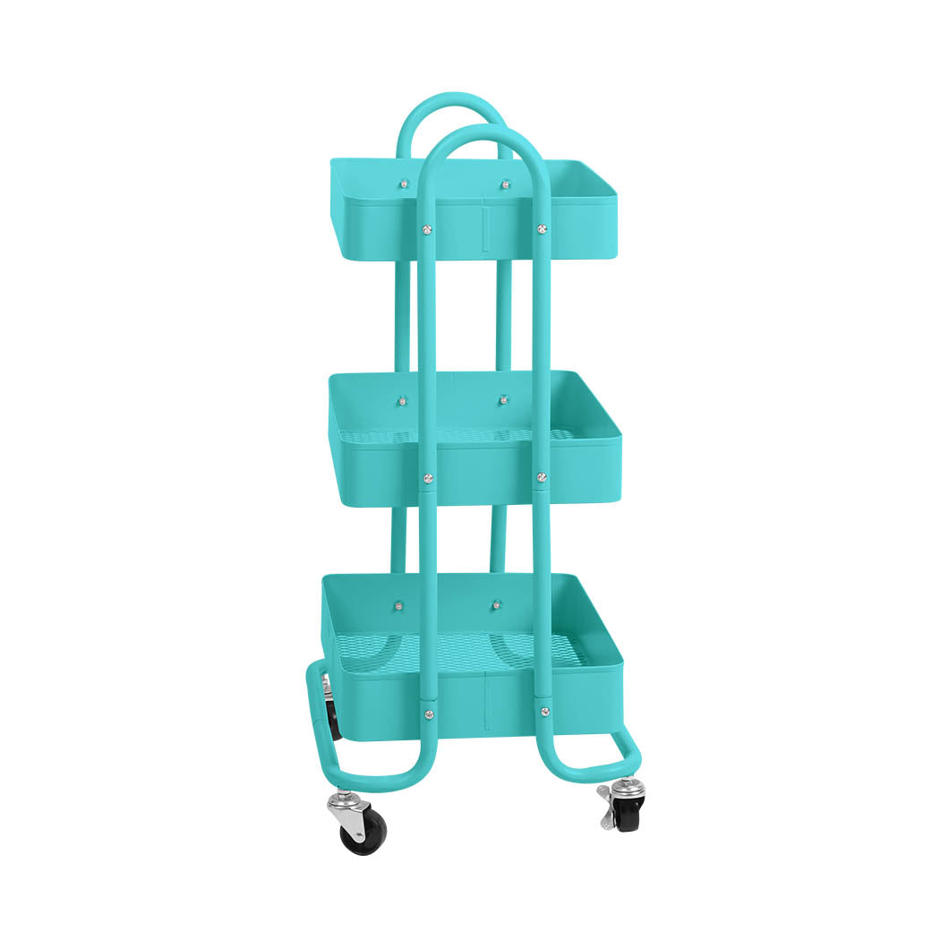 3 Tiers Kitchen Trolley Cart Steel Storage Rack Shelf Organiser Wheels Blue