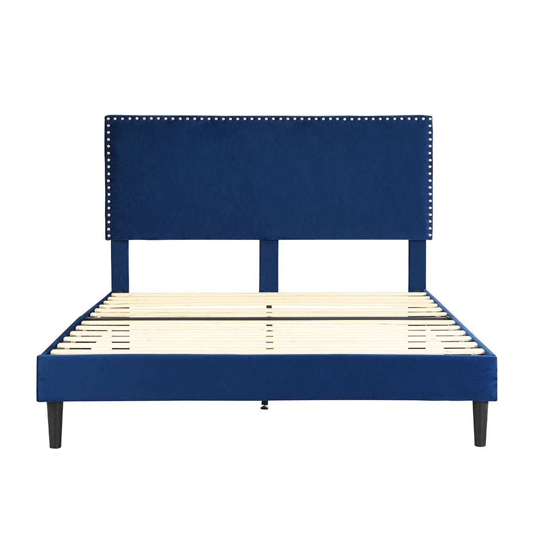 Velsen Bed Frame Base Platform Wooden Velvet with Headboard Blue - Double