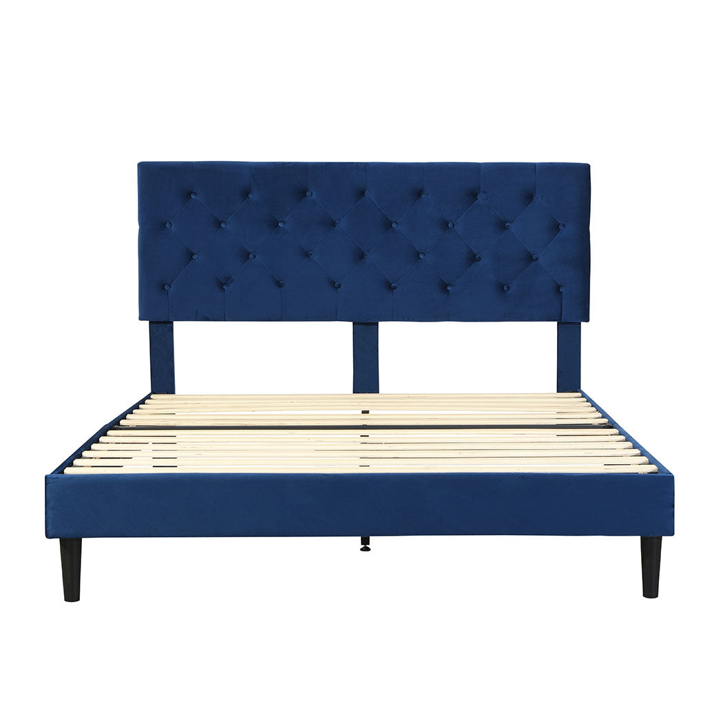 Assen Bed Frame Base Platform Wooden Velvet with Headboard Blue - Queen