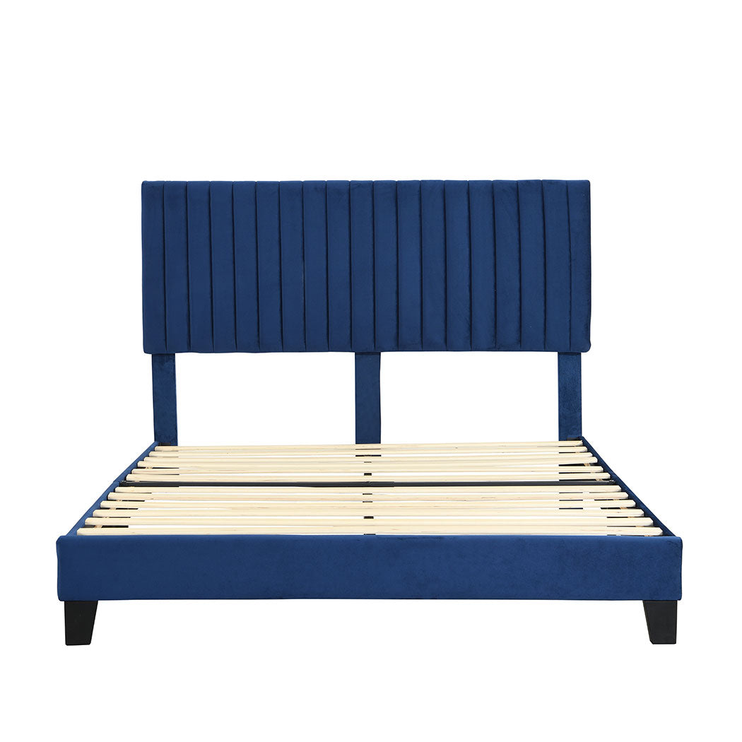 Cheyenne Bed Frame Base Platform Wooden Velvet with Headboard Blue - Double