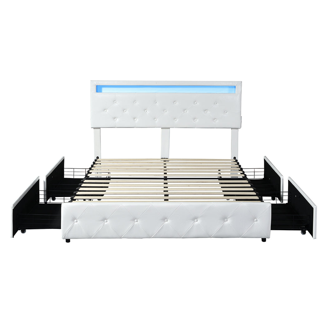 Quinn Bed Frame RGB LED PU 4 Drawer USB - White Queen