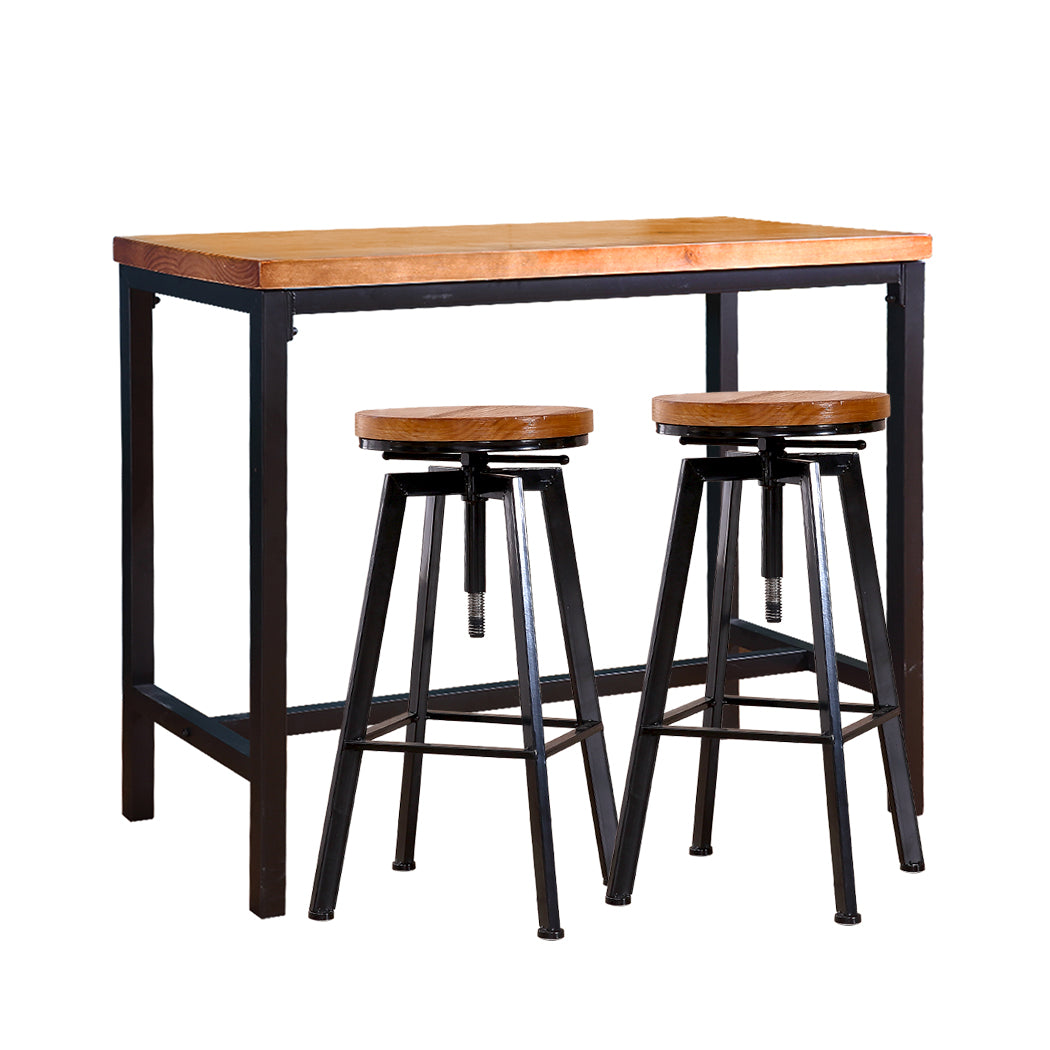 Set of 3 Potenza Industrial Pub Table & Bar Stools Wood Chair Set Home Kitchen Furniture - Black & Wood