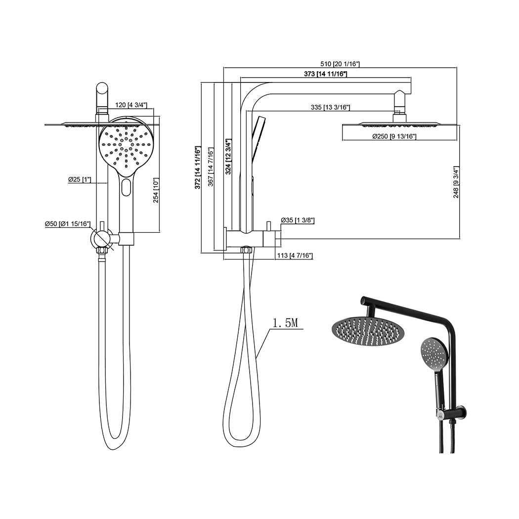 High Pressure Shower Head Set Rain Round - Black