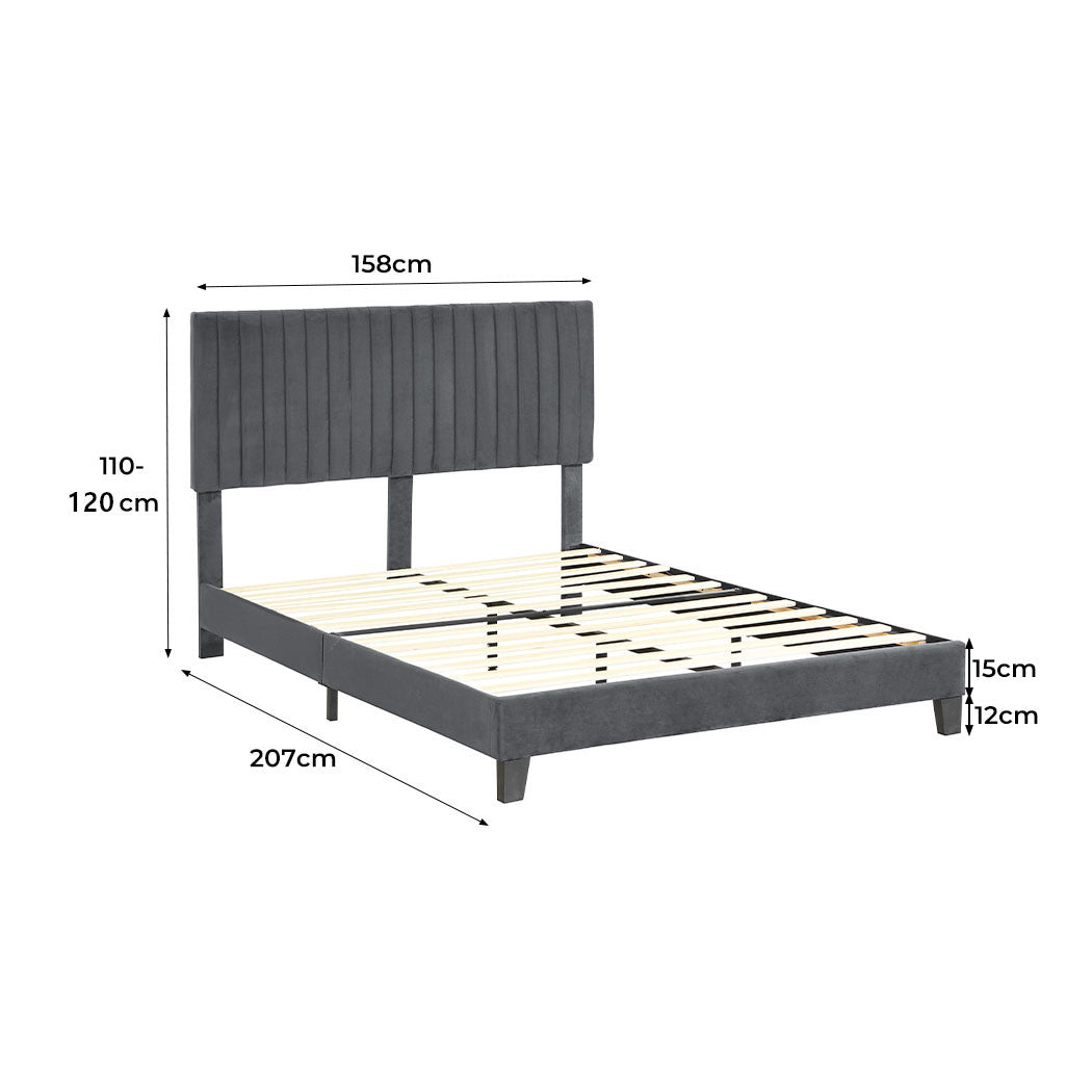 Cheyenne Bed Frame Base Platform Wooden Velvet with Headboard Grey - Queen