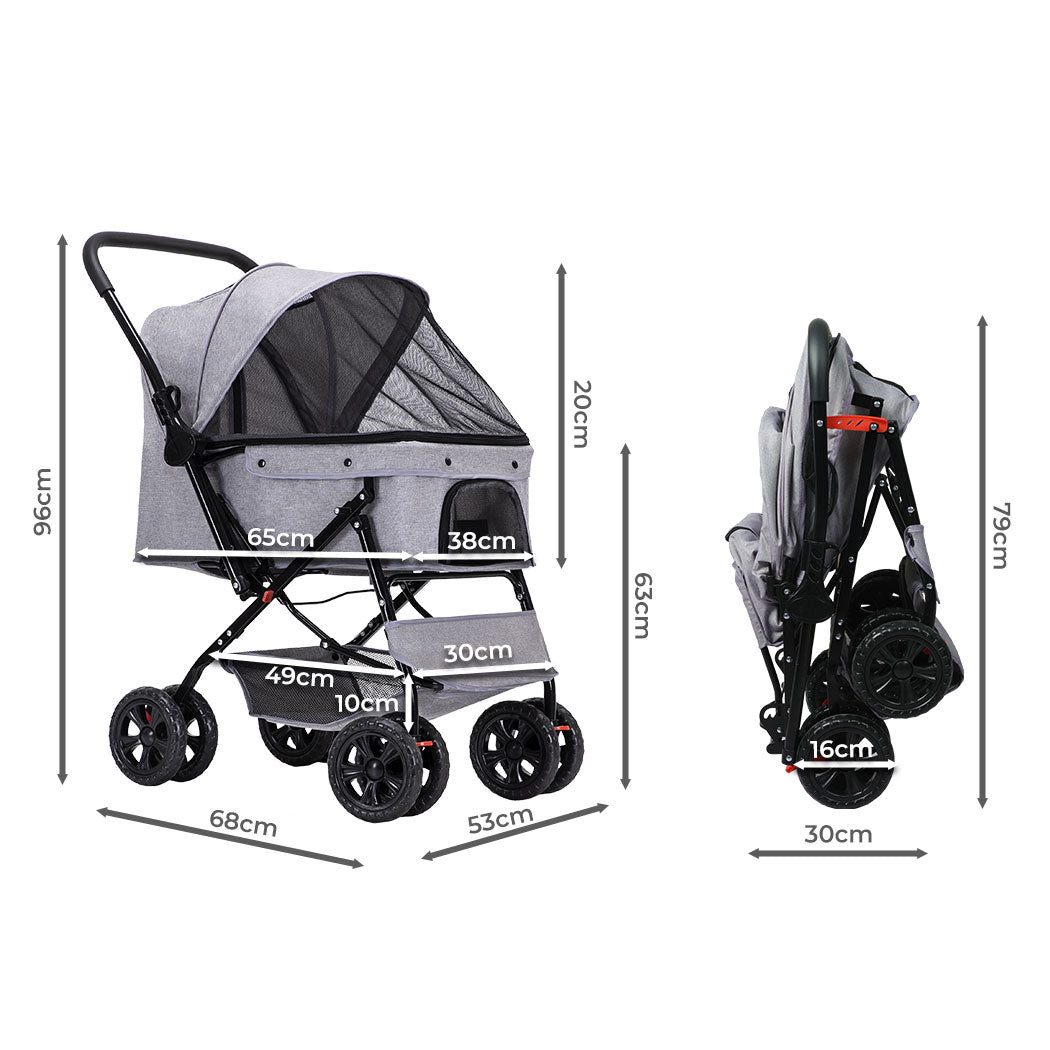 Pet Stroller Pram Dog Carrier Trailer Strollers 4 Wheels Foldable Large - Grey Large