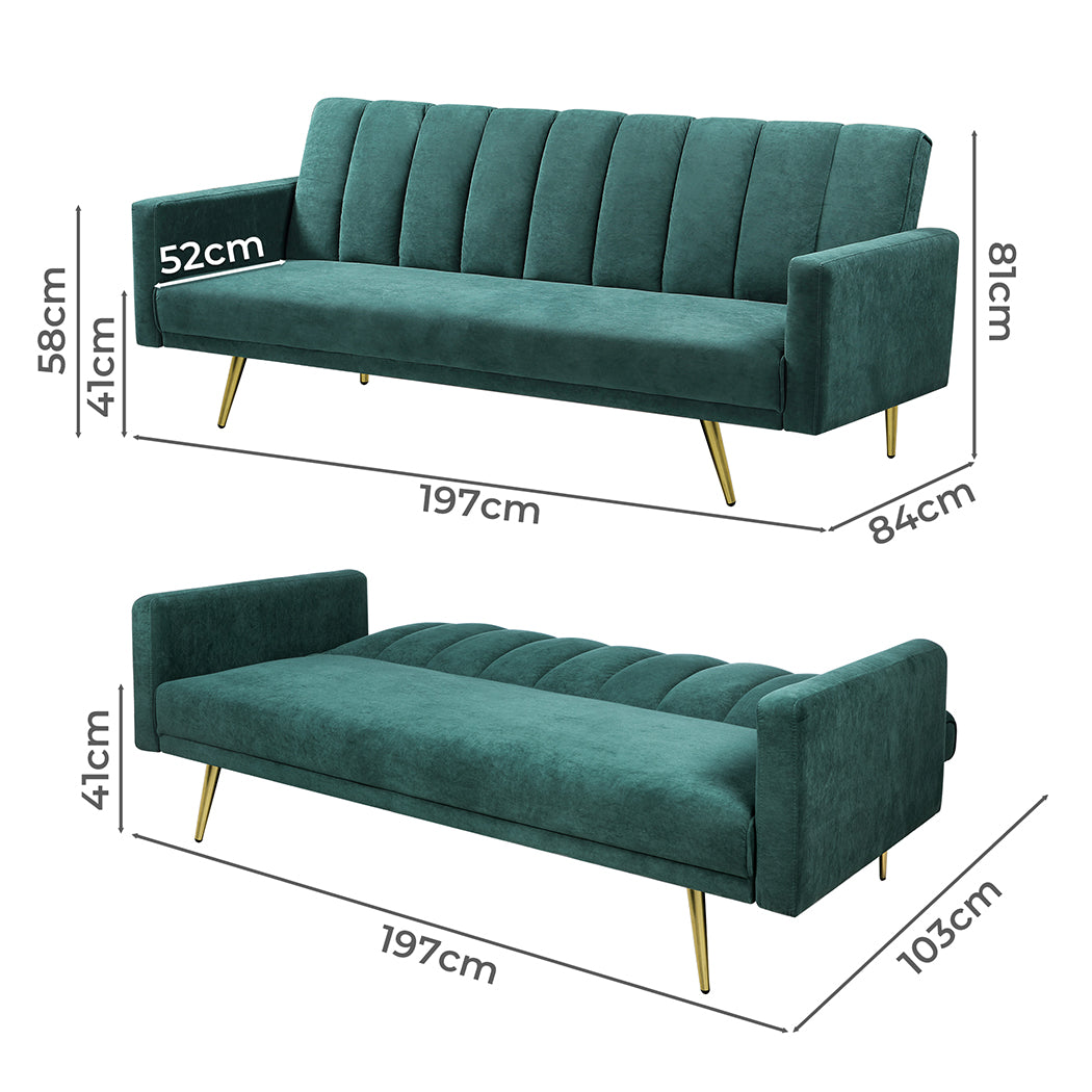 Mari 3-Seater Sofa Bed Convertible Velvet Lounge Recliner Couch Sleeper - Green