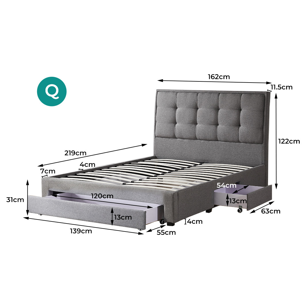 Lamia Bed Frame Base with Three Drawers Linen Cotton Storage - Grey Queen