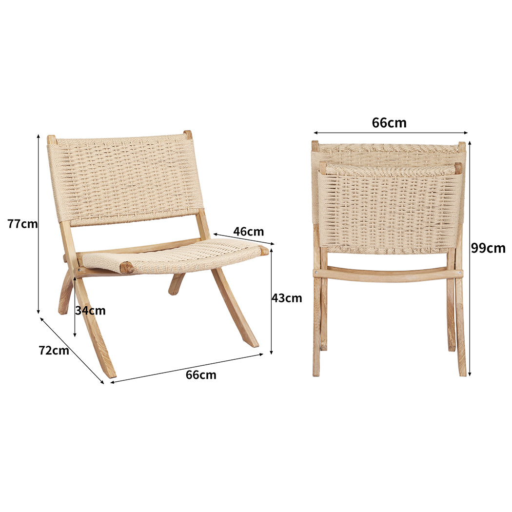 Foldable Single Deck Chair Solid Wood Kraft Rope Paper Woven Seat - Natural