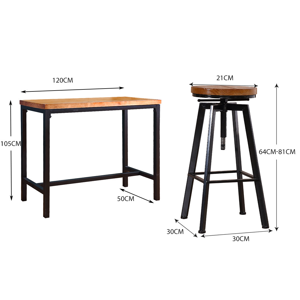 Set of 3 Potenza Industrial Pub Table & Bar Stools Wood Chair Set Home Kitchen Furniture - Black & Wood