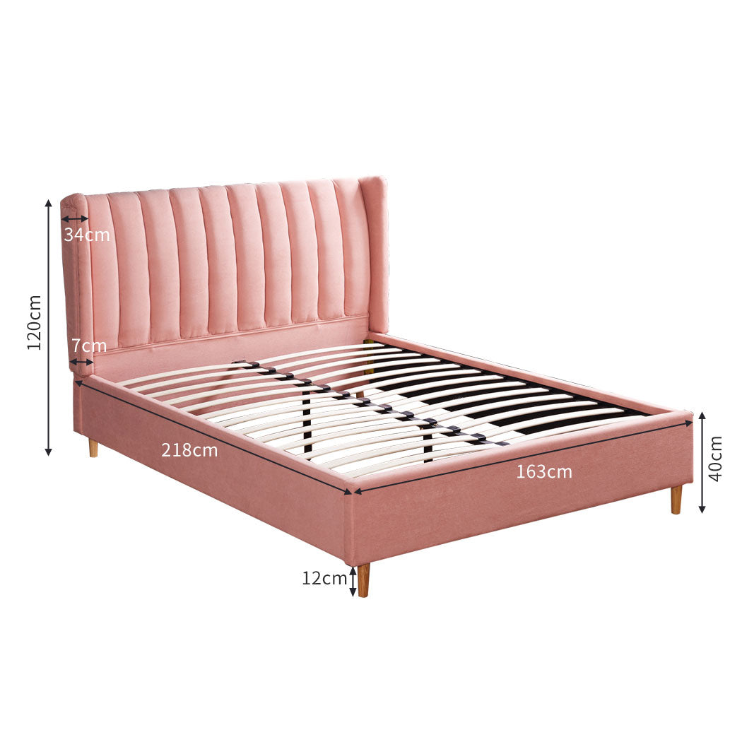 Bella Bed Frame Velvet Base Bedhead Headboard Wooden Platform - Pink Queen