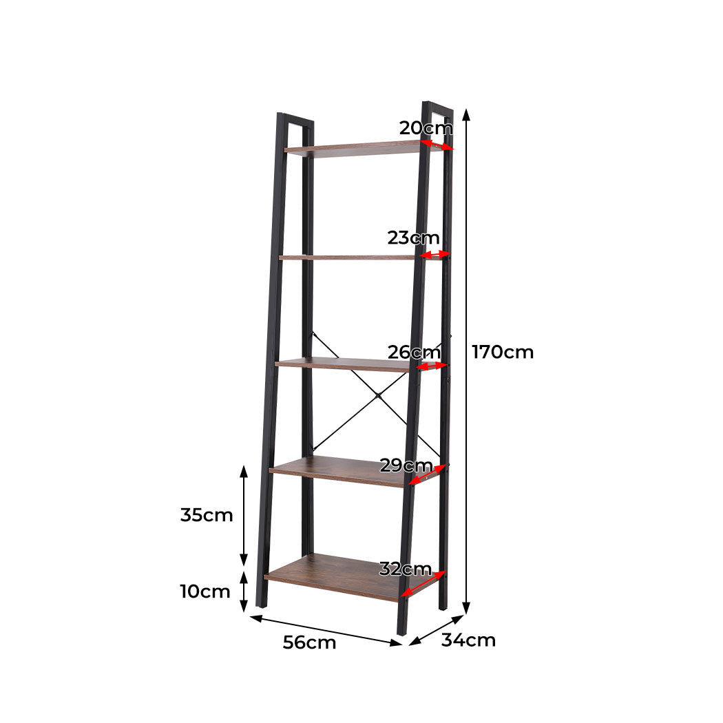 5 Tier Bookshelf Industrial Ladder Shelf Wooden Storage Display Rack