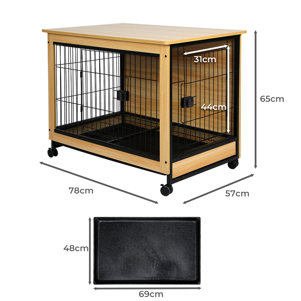 Wooden Wire Dog Kennel Side End Table Steel Puppy Crate Indoor Pet House - Wood Large