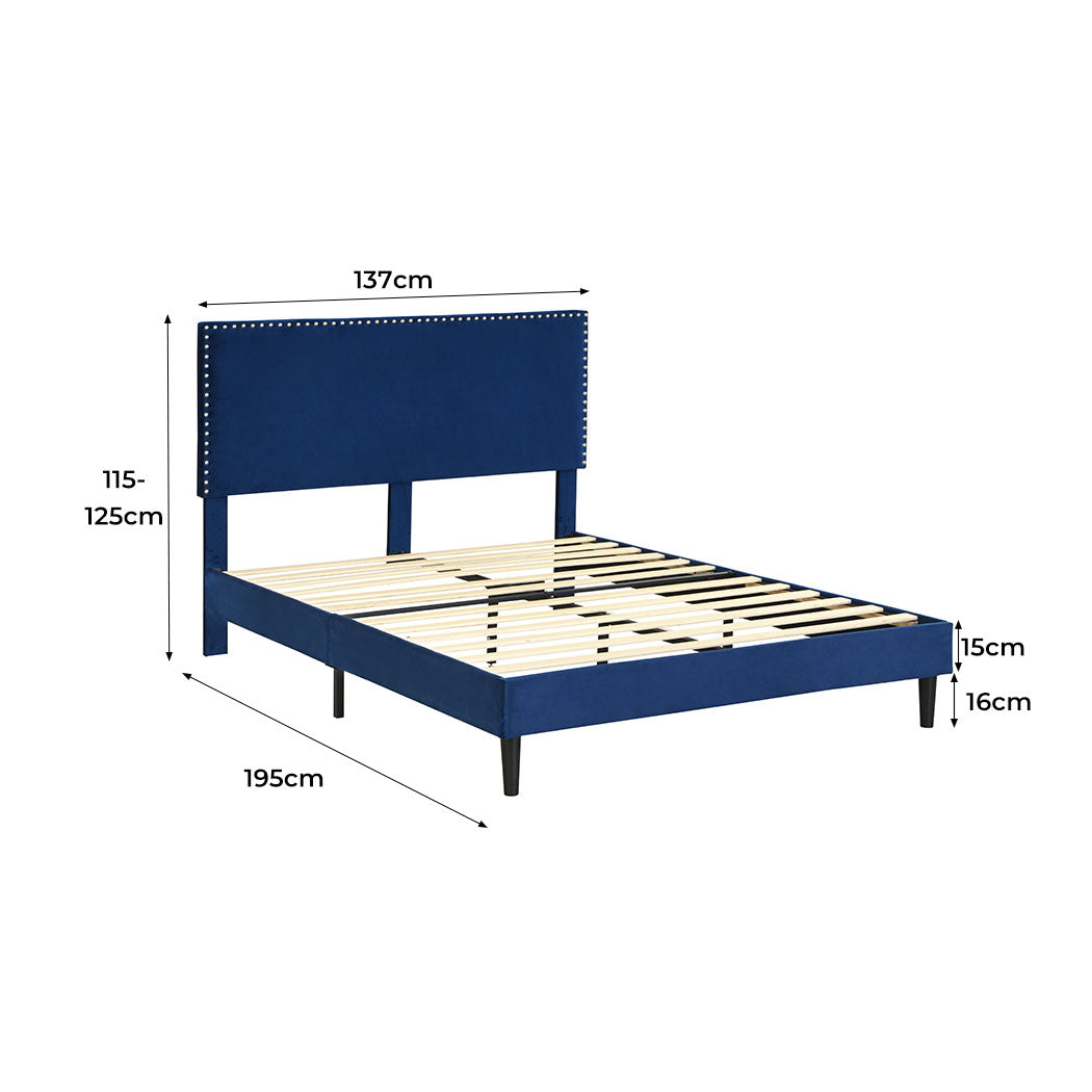 Velsen Bed Frame Base Platform Wooden Velvet with Headboard Blue - Double