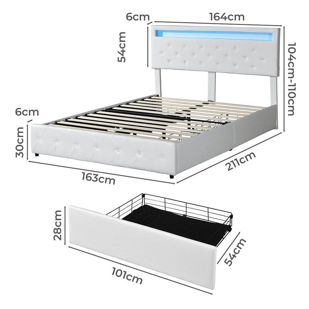 Quinn Bed Frame RGB LED PU 4 Drawer USB - White Queen