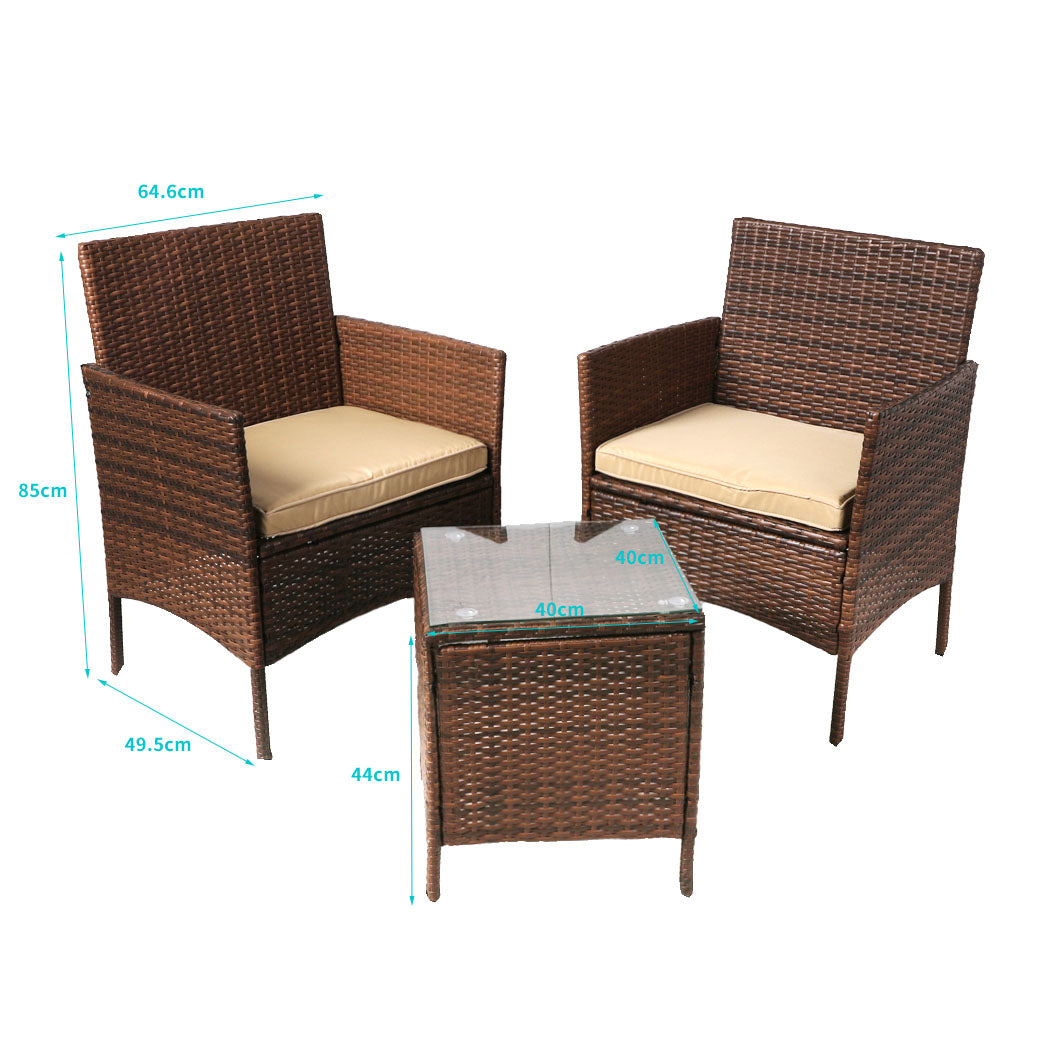 Rhyse 2-Seater Furniture Patio Garden Chair Table Rattan Wicker Cushion Seat 3-Piece Outdoor Setting - Brown