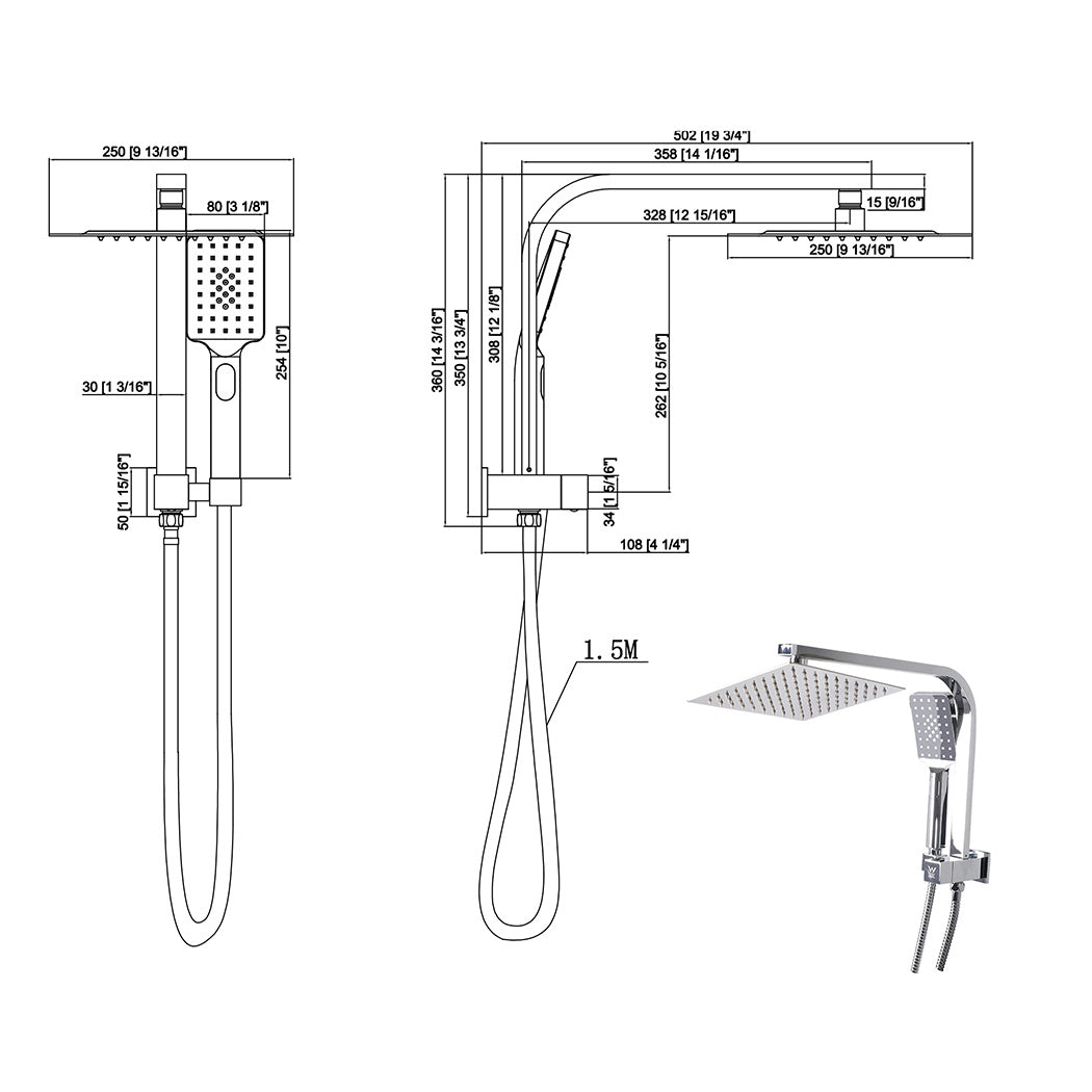 Rain Shower Head Set Silver Square Brass Taps Mixer Handheld High Pressure