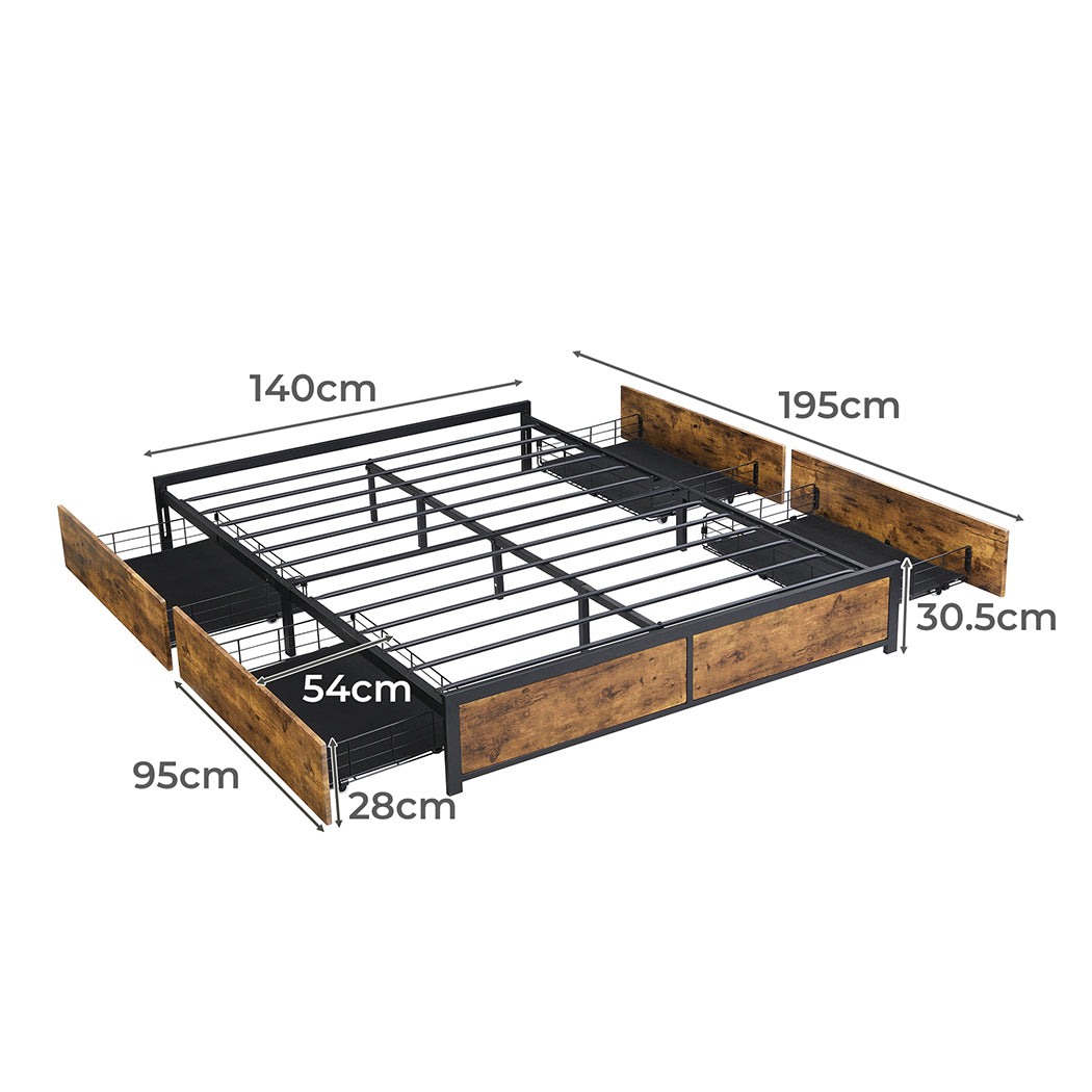 Neri Metal Bed Frame Platform Wooden with 4 Drawers - Black & Wood Double