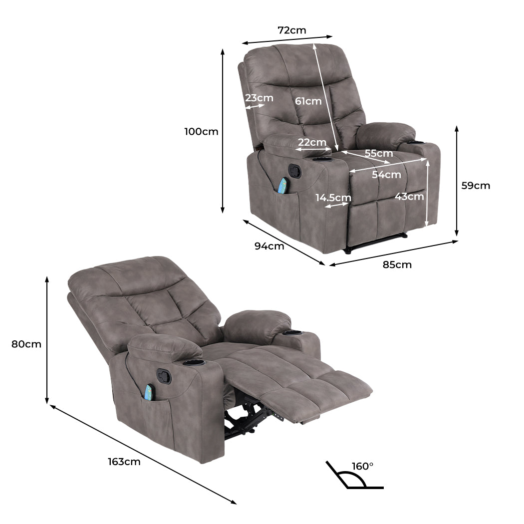 Pax Electric Massage Recliner Chair Heated 8-point Lounge Armchair - Grey