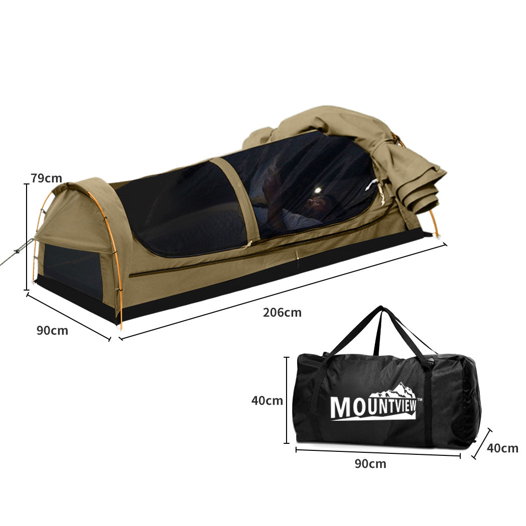 Mountview Swag Camping Swags Canvas Dome Tent Hiking Mattress Khaki - King Single