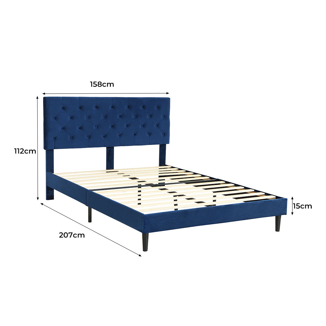 Assen Bed Frame Base Platform Wooden Velvet with Headboard Blue - Queen