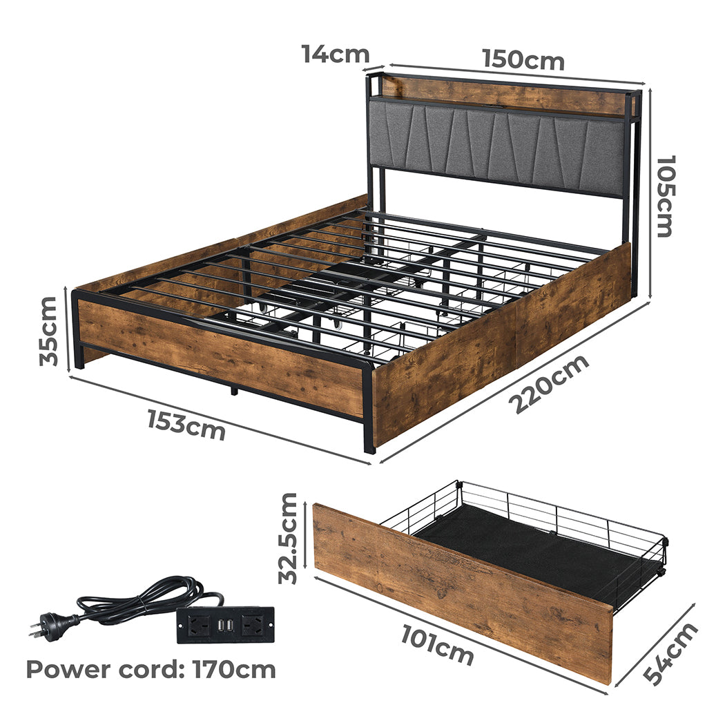 Eras Bed Frame Soft Storage Drawers Headboard USB Charge - Wood & Black Queen