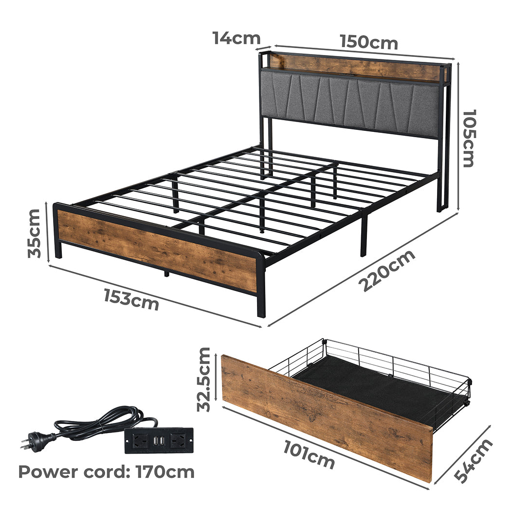 Eras Bed Frame Tufted Headboard USB Charge - Wood & Black Queen