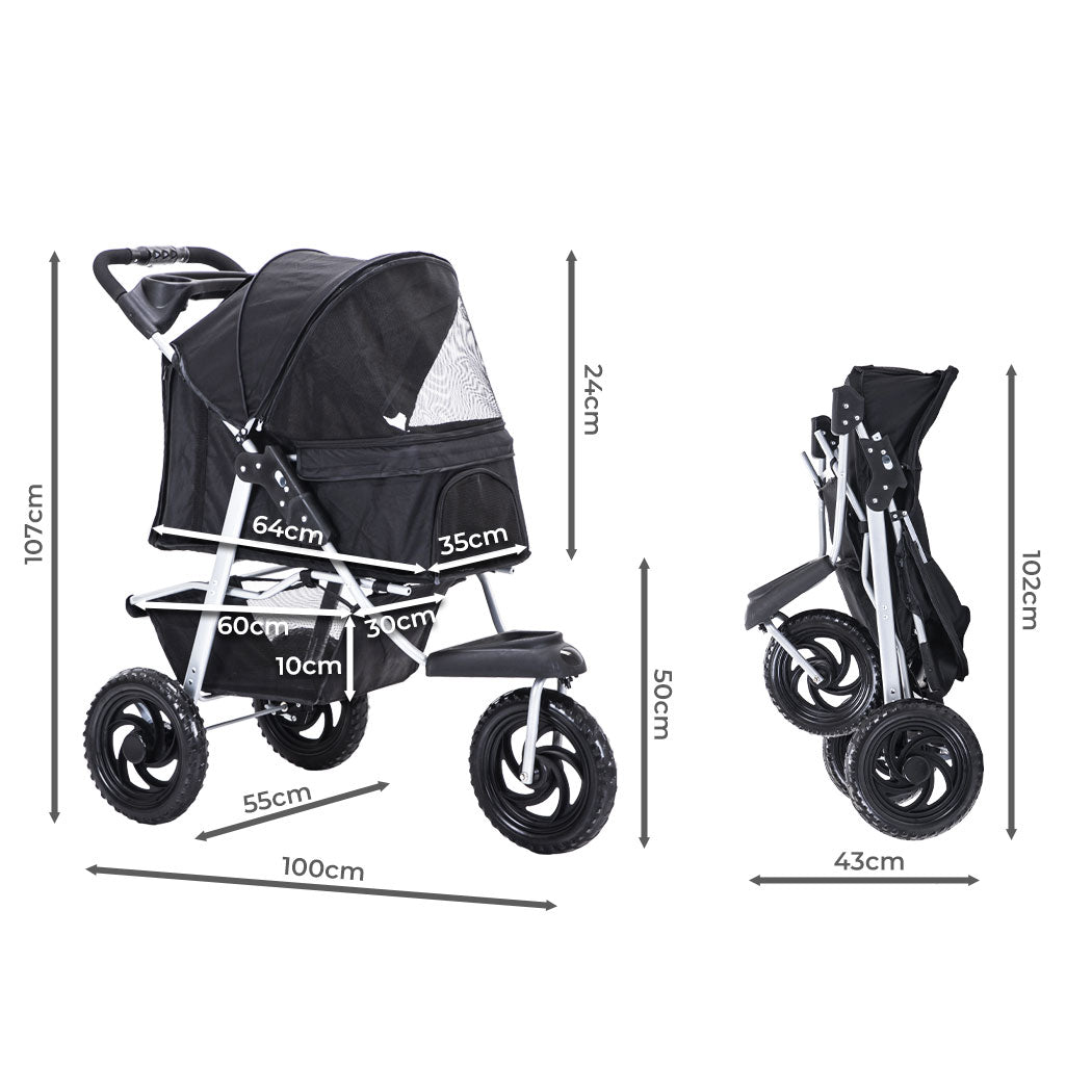 Pet Stroller Pram Dog Carrier Trailer Strollers 3 Wheels Foldable Large - Black Large