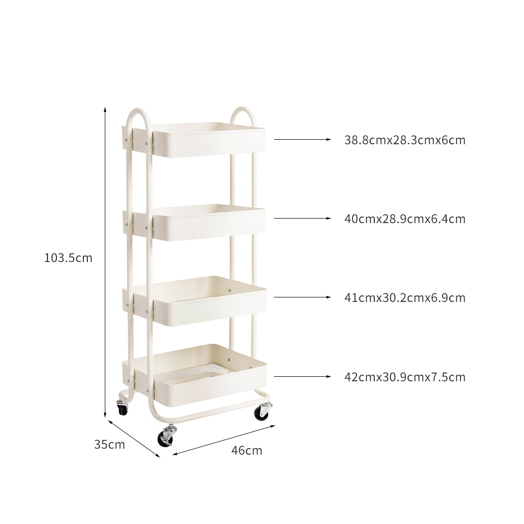 4 Tiers Kitchen Trolley Cart Steel Storage Rack Shelf Organiser White