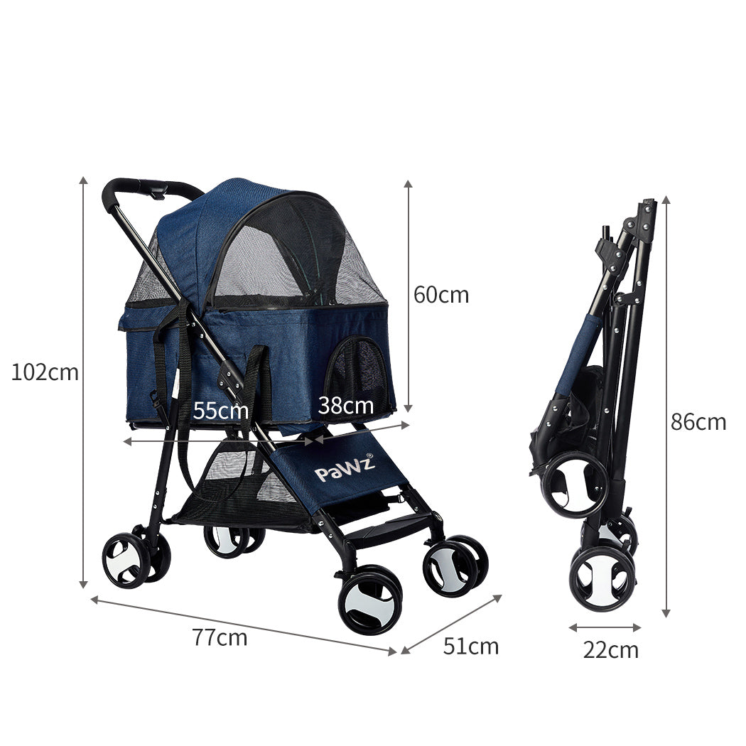 Pet Stroller Dog Cat Pram Foldable Carrier 4 Wheels Travel Pushchair Blue Large