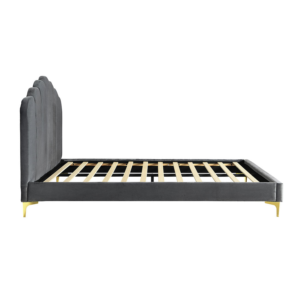 Ariana Bed Frame Base Platform Wooden Velvet with Headboard - Grey Queen