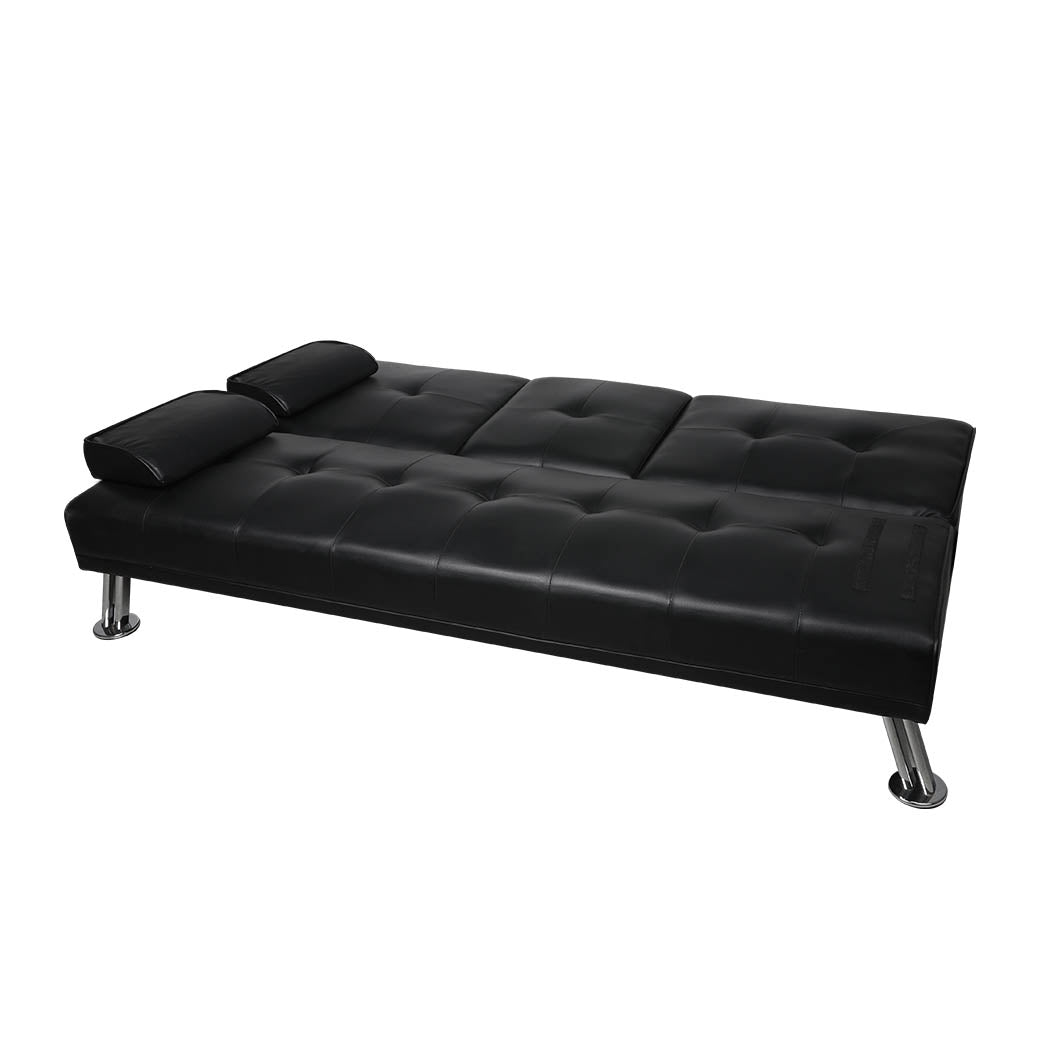 Marny 3-Seater Adjustable Sofa Bed Lounge Futon Couch Leather Beds Cup Holder Recliner - Black