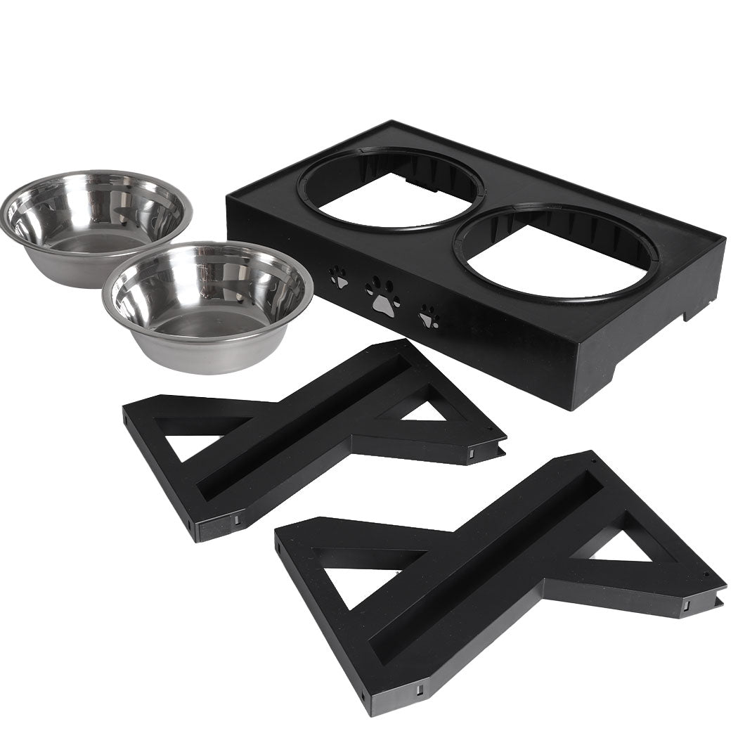 Elevated Pet Feeder Food Water Double Bowl Adjustable Height Raised Stand - Black