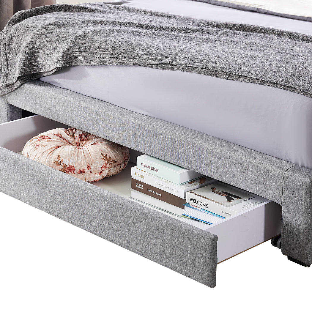 Lamia Bed Frame Base with Three Drawers Linen Cotton Storage - Grey Queen