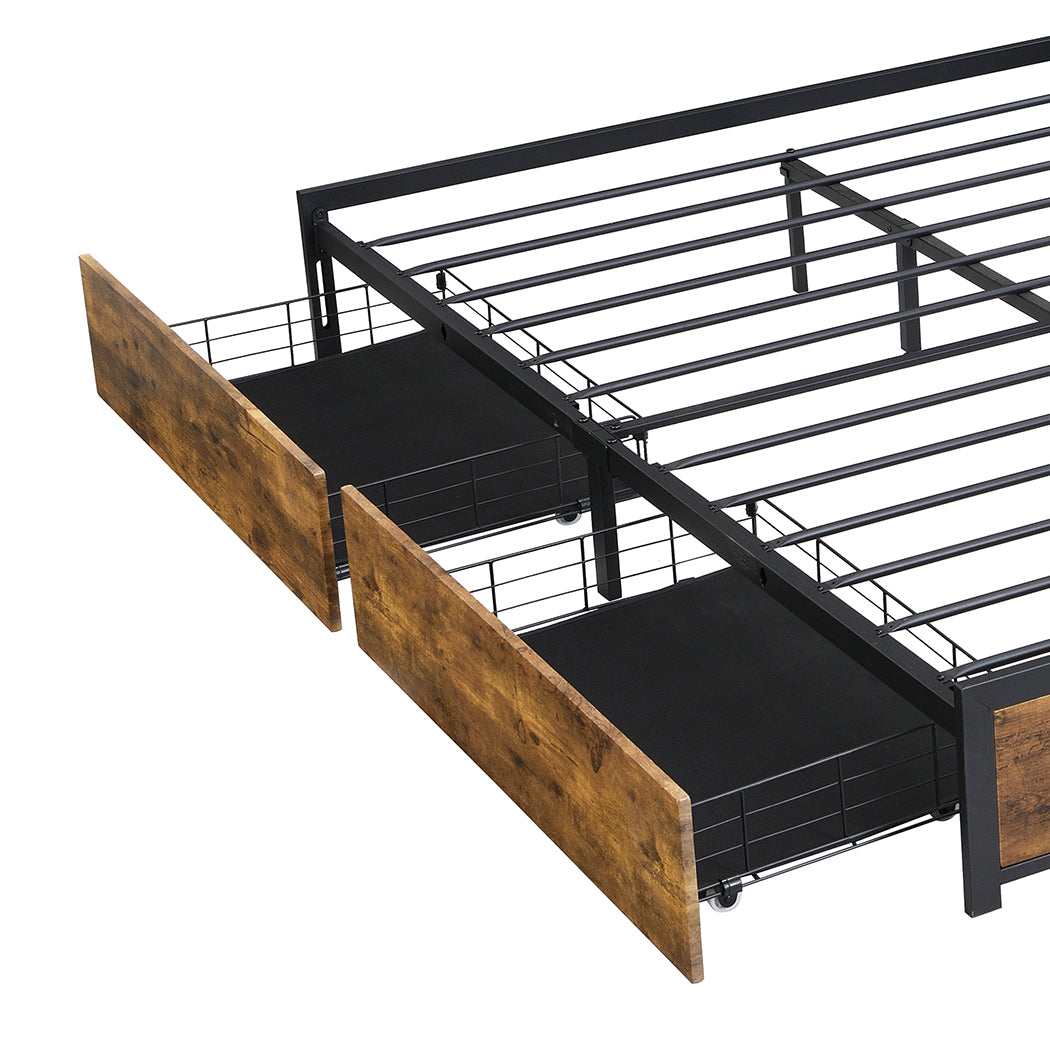 Neri Metal Bed Frame Platform Wooden with 4 Drawers - Black & Wood Double