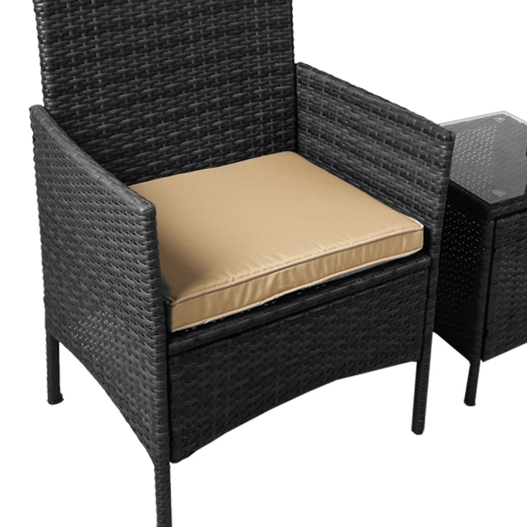 Rhyse 2-Seater Furniture Patio Garden Chair Table Rattan Wicker Cushion Seat 3-Piece Outdoor Setting - Black