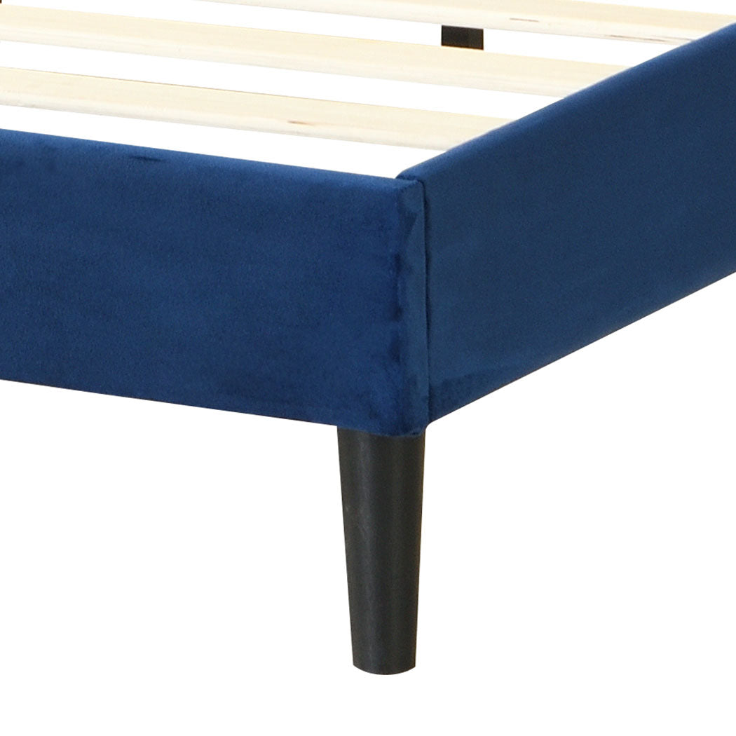 Assen Bed Frame Base Platform Wooden Velvet with Headboard Blue - Queen