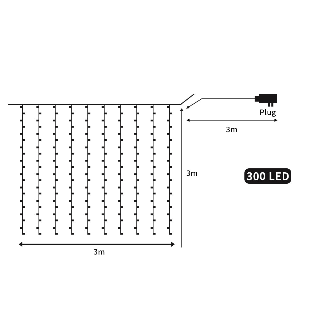 3M x 3M 300 LED Bulbs Curtain Fairy Lights Indoor Outdoor Xmas Garden Party Decor - Cool White