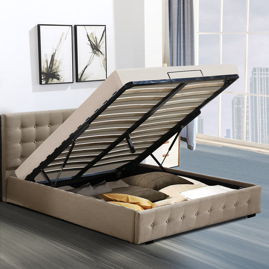 Syke Gas Lift Bed Frame Fabric Base with Storage - Beige Double