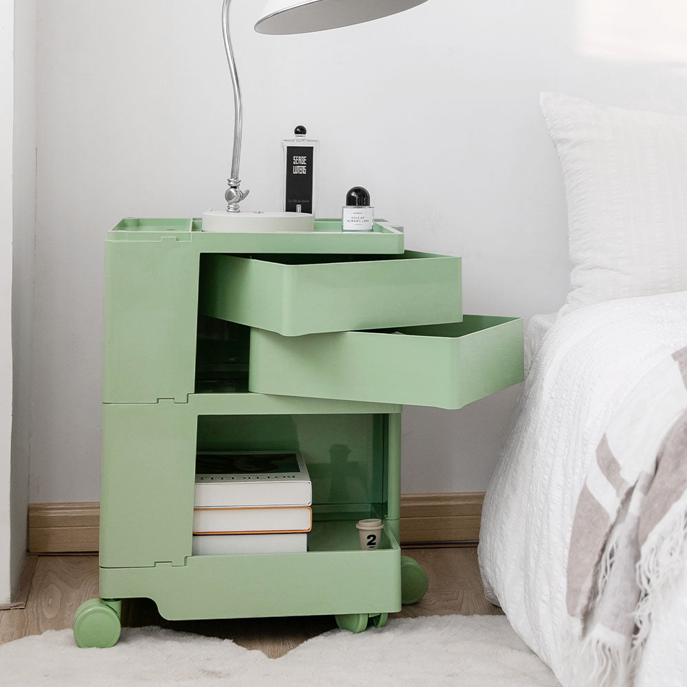 Vernon PP Plastic Bedside Tables Side Tables Nightstand Organizer Replica Boby Trolley 3 Tier with 2 Drawers - Green