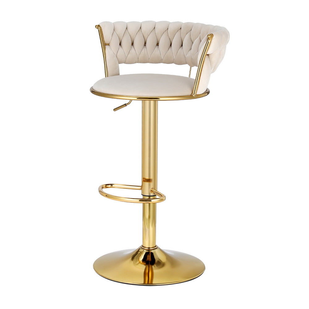 Saldus Bar Stools Gas Lift Velvet Woven Backrest - Ivory & Gold