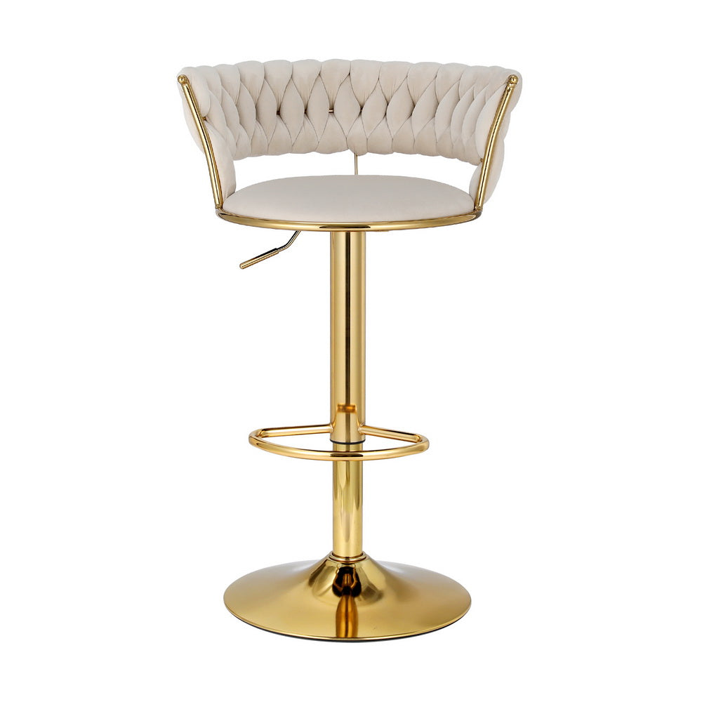 Saldus Bar Stools Gas Lift Velvet Woven Backrest - Ivory & Gold