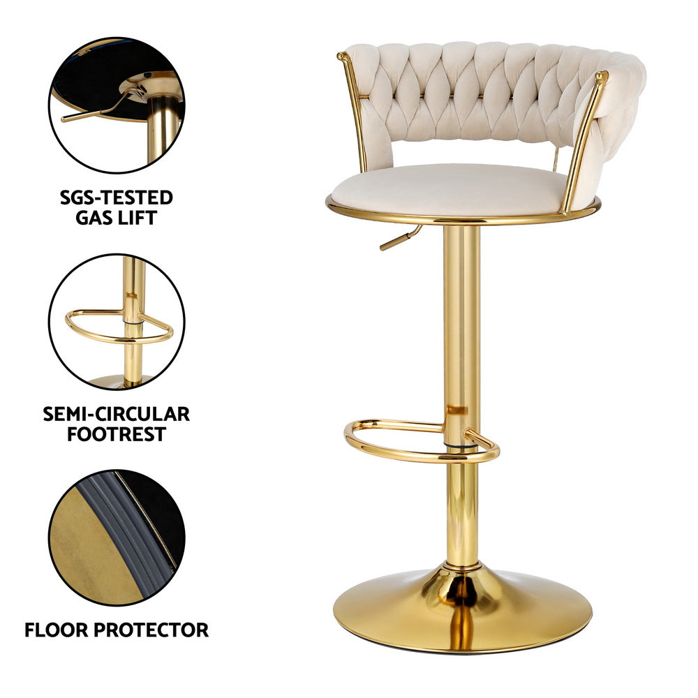 Saldus Bar Stools Gas Lift Velvet Woven Backrest - Ivory & Gold