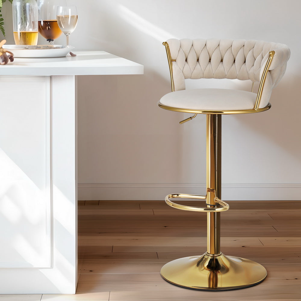 Saldus Bar Stools Gas Lift Velvet Woven Backrest - Ivory & Gold