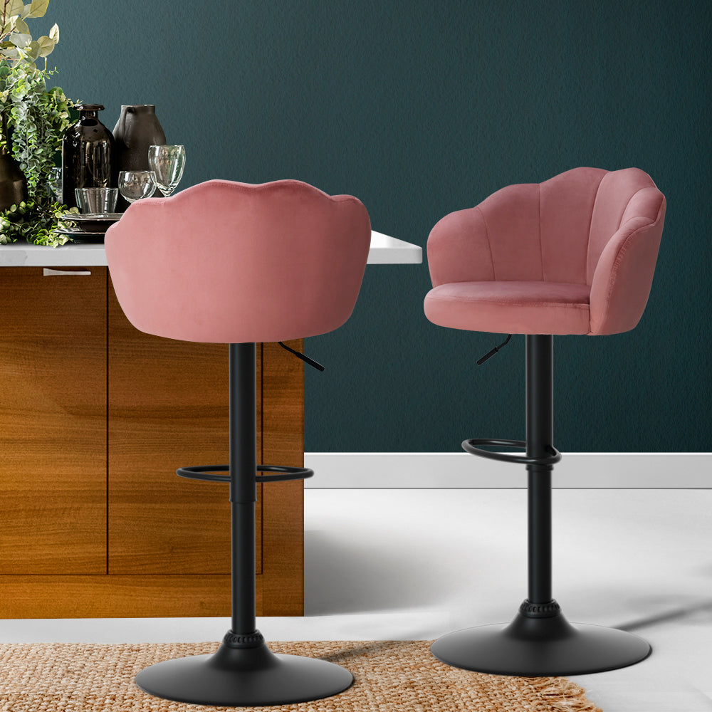 Set of 2 Naples Bar Stools Kitchen Stool Swivel Chair Gas Lift Velvet Chairs - Pink