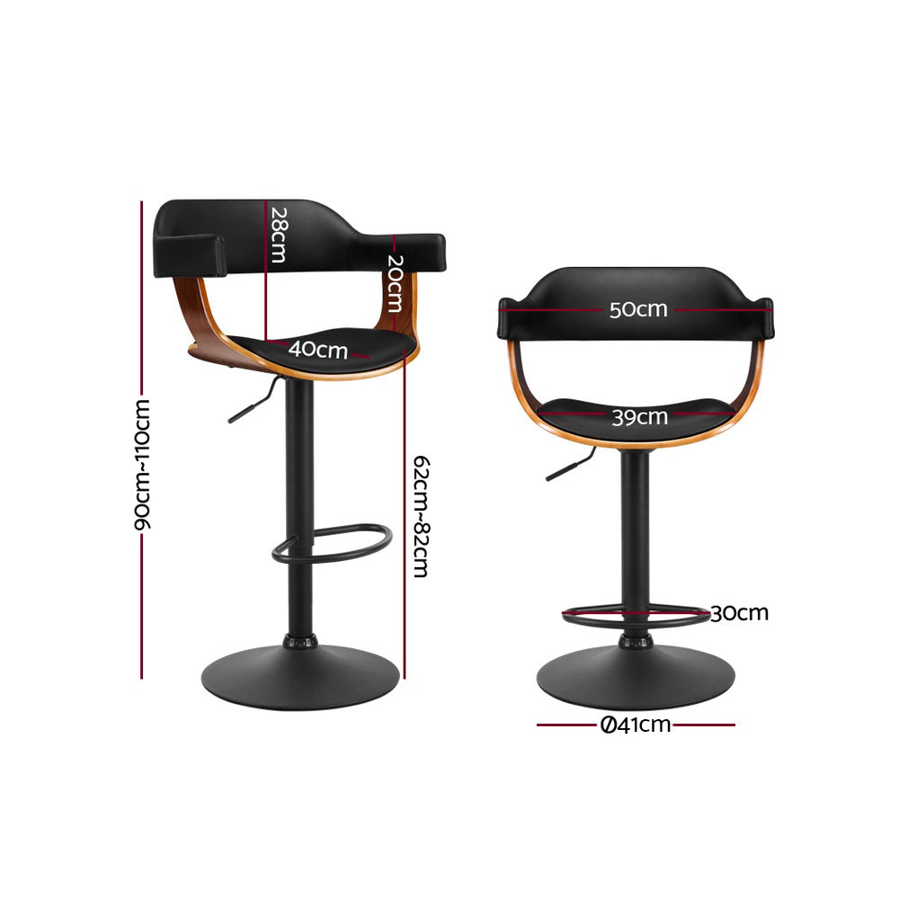 Set of 2 Eindhoven Bar Stool Curved Gas Lift PU Leather - Black