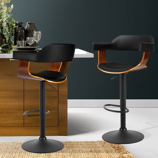 Set of 2 Eindhoven Bar Stool Curved Gas Lift PU Leather - Black