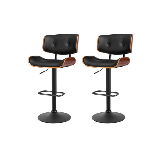 Set of 2 Ancona Bar Stool Gas Lift Wooden PU Leather - Black