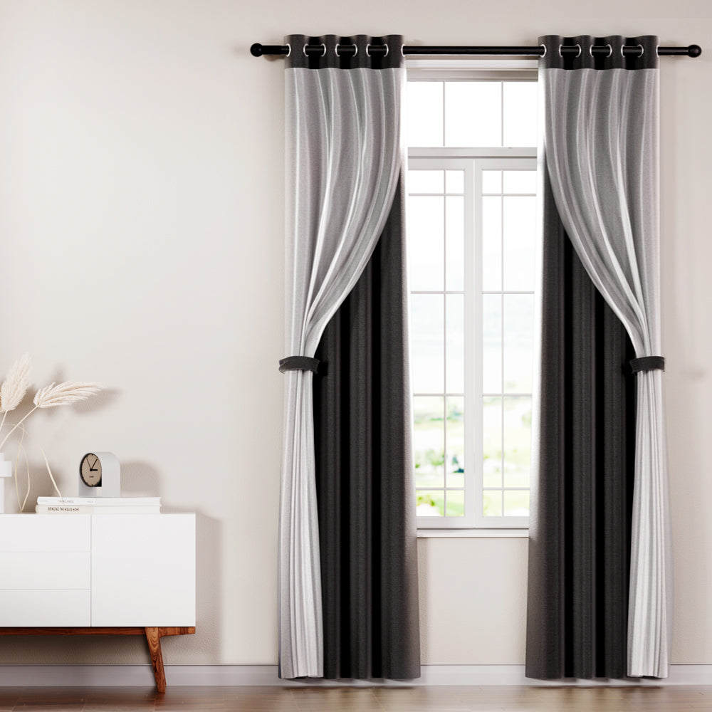 Set of 2 132x274cm Blockout Sheer Curtains Black