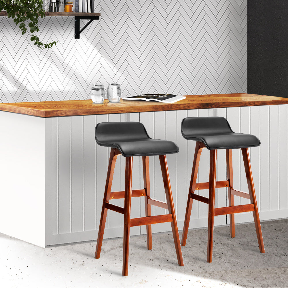 Set of 2 Geleen PU Leather Wood Wave Style Bar Stool - Black